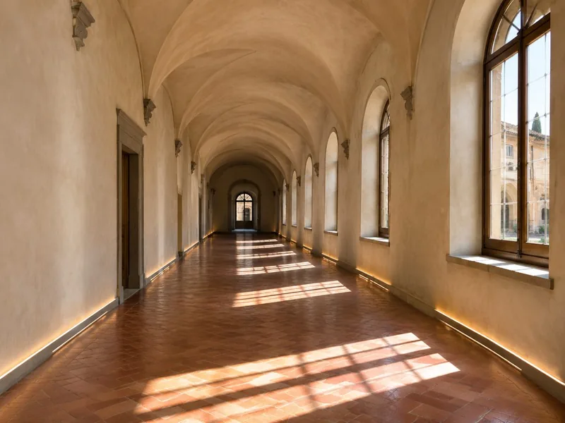 L'interno spoglio del Corridoio Vasariano dopo il restauro