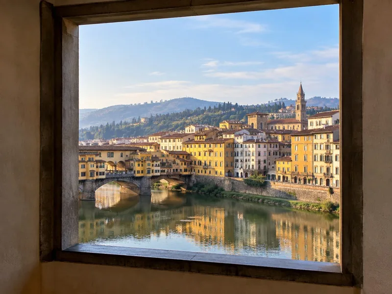 Una finestra del corridoio che si affaccia sull'Arno